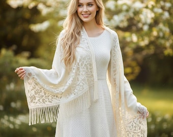 Floral Lace Fringed Scarf Shawl - Boho Acrylic Wrap