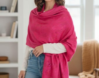 Fuchsia Silk Cotton Scarf – Elegant Floral Jacquard Wrap