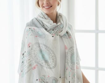 Traumfänger Baumwolle Weiß Grau Schal Schal - Frauen Schal - Mädchen Schal - Boho Schal Dreieck - Boho Schal Dreieckstuch