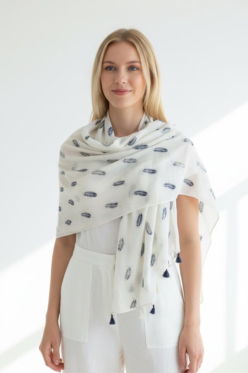 Écharpe en coton à plumes, châle crème, couverture légère image 13
