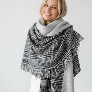 Wool Blend Plaid Scarf Shawl - Winter Gray Scarf - Christmas Gift Ideas