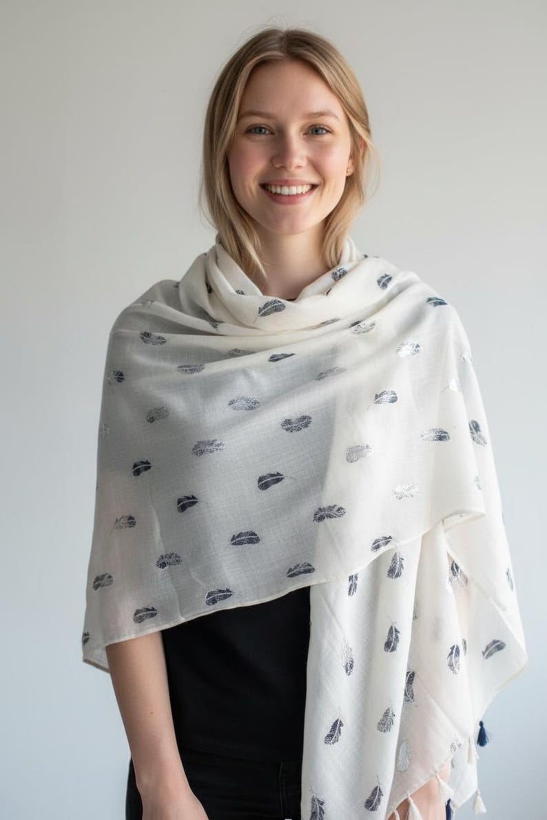 Écharpe en coton à plumes, châle crème, couverture légère image 7