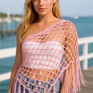 Rosa virkad sjal, paljettfranssjal, bohemisk strandklänning, lätt sommarkvällssjal