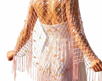 Pink Sequin Crochet Shawl, Handmade Lace Wrap, Boho Festival Evening Fringe