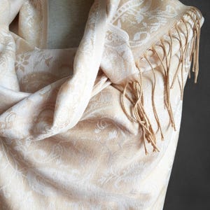 Pashmina Shawl Wrap Scarf – Champagne Beige Paisley Shawl, Floral Jacquard Wedding Shawl, Elegant Fringe Wrap, Bridesmaid Shawl Gift for Her