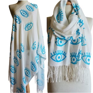 Hand Painted Evil Eye Shawl Scarf Wraps Cover Up/ Hand Made Scarf Shawl / Beach Cover Up Pareo / Evil Eye Gift / Evil Eye / Scarf /Shawl