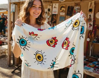 Boho Evil Eye Cotton Scarf Shawl - Summer Wrap, Protection Gift