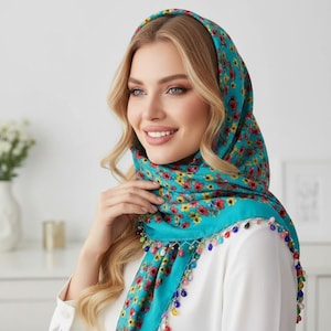 Handmade Turquoise Floral Cotton Scarf with Crochet Beaded Edge, Boho Flower Pattern Square Headscarf, Turkish Needle Lace Oya Shawl, Gift