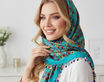 Handmade Turquoise Floral Cotton Scarf with Crochet Beaded Edge, Boho Flower Pattern Square Headscarf, Turkish Needle Lace Oya Shawl, Gift