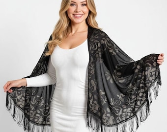 Floral Lace Scarf Shawl – Fringed Boho Vintage Style