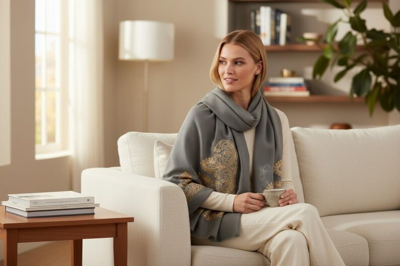 May include: A woman wearing a gray scarf with gold floral designs, seated on a white sofa. The scarf is draped around the neck and shoulders. She is holding a cup. A wooden side table with books is in the foreground.