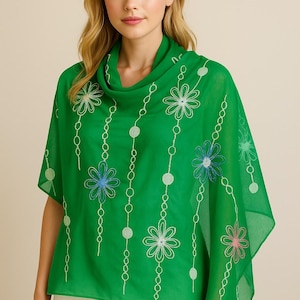 Emerald Green Sheer Chiffon Scarf with Hand-Painted Embroidered Flowers – Lightweight Floral Wrap for Spring Summer - Green Floral Pareo