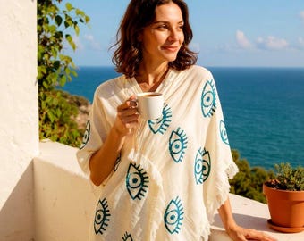 Hand-Painted Organic Cotton Evil Eye Peshtemal – Turkish Beach Towel Shawl