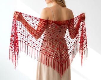 Handmade Red Crochet Sequin Shawl – Lightweight Fringe Triangle Scarf – Elegant Boho Wrap – Festival Shawl – Gift for Her - Red Lace Shawl