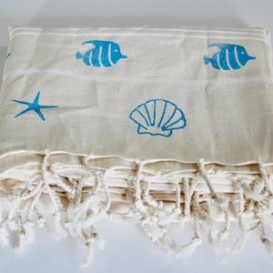 Sea Star Hand Painted Cotton Towel - Organic Cotton Towel - Fish Printed Towel - Hand Made Towel - Home Gift - Bath Towel - Towel Peshtemal