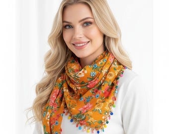 Mustard Floral Scarf with Handmade Crochet & Colorful Beads – Unique Gift - Christmas Gift For Her - Beaded Scarf - Floral Scarf - Handmade