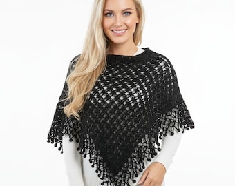 Crochet Knit Triangle Shawl Scarf - Black Acrylic Wrap with Pom Poms