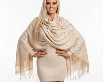 Floral Paisley Pashmina Shawl Wraps  - Ivory Pashmina - Shawl And Wraps - Woman Scarves - Wedding Shawl - Spring Shawl Wraps