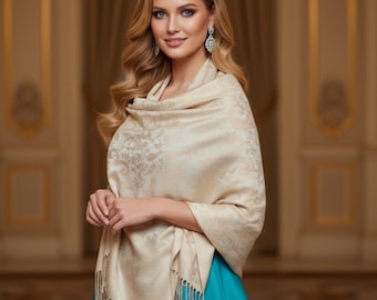 Chal de pashmina – Chal color champán beige con estampado paisley, chal de boda con jacquard floral, elegante chal con flecos, regalo para damas de honor.