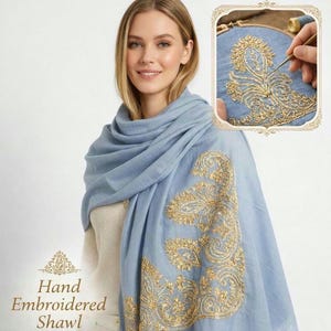Hand Embroidered Shawl with Gold Thread – Paisley Motif Cotton Scarf Blue