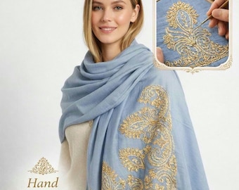 Hand Embroidered Shawl with Gold Thread – Paisley Motif Cotton Scarf