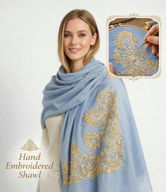 Hand Embroidered Shawl with Gold Thread – Paisley Motif Cotton Scarf