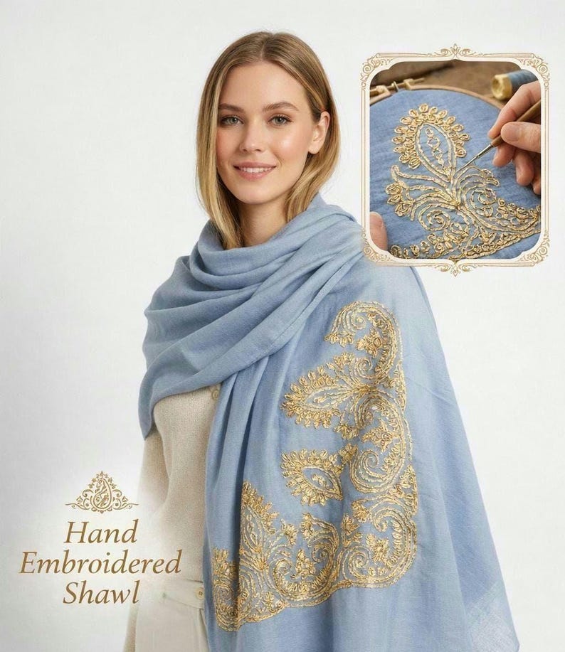 Hand Embroidered Shawl with Gold Thread – Paisley Motif Cotton Scarf Blue