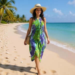 Hand Painted Cotton Scarf – Green & Purple Tie Dye Boho Summer Shawl, Festival - Beach Sarong - Beach Cover Up - Hand Made Wraps Shawl Scarf