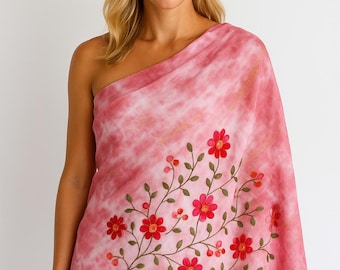 Chal de algodón batik, bufanda floral bordada a mano, rosa