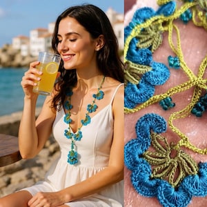 Handmade Crochet Needle  Blue Floral Necklace, Woman Necklace, Hand Knit Necklace, Gift Woman Necklace, Hand Made Jewelry, Floral Jewelry