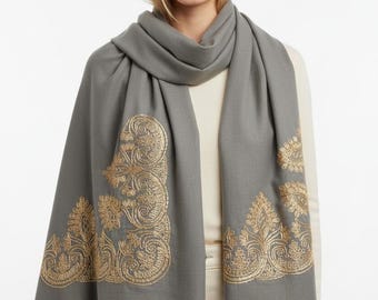 Hand Made Shawl - Embroidered Gold Thread Paisley Shawl Wraps - Woman Shawl Wraps - Special Gift For Woman - Gray Gold Shawl