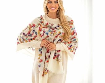Handmade Embroidered Cotton Scarf – Cream Boho Paisley Shawl