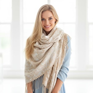 Ivory White Floral Pashmina Shawl – Floral Scarf Wrap, Lightweight Shawl - Wedding Shawl Wraps