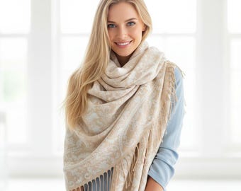 Châle Pashmina Floral Blanc Ivoire - Écharpe Florale Wrap, Châle Léger - Châles Wraps De Mariage