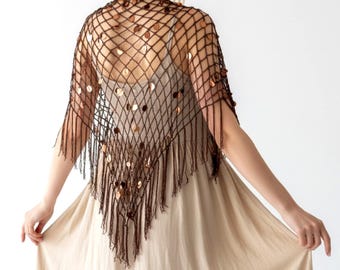Brown Sequin Crochet Shawl, Handmade Lace Fringe Wrap, Boho Festival Evening Accessory