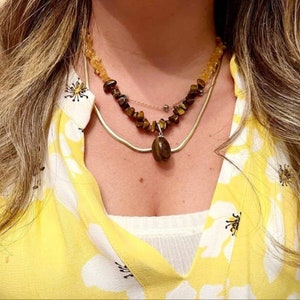 Tiger&#39;s Eye and Citrine Natural Stone Necklace - Citrine Necklace - Tiger Eye Necklace - Nature Stone Necklace Jelewery - Citrine Jelewery