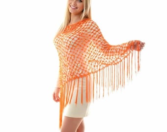 Orange Crochet Shawl, Handmade Boho Sequin Fringe Wrap, Lightweight Evening Cover-Up - Hacky Sack