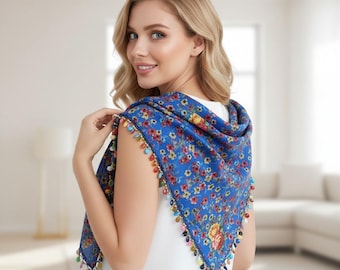 Blue Floral Cotton Scarf  | Handmade Crochet Lace Edge Beaded Shawl | Square Turkish Scarf | Boho Headscarf Gift for Women - Hijab