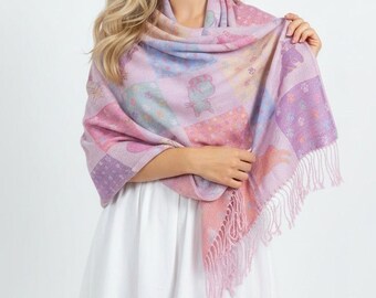 Cat Pashmina Shawl Scarf Wraps – Soft Cat Pattern Wrap with Fringe – Lightweight Scarf for Women – Cute Cat Lover Gift – Cozy Boho Poncho