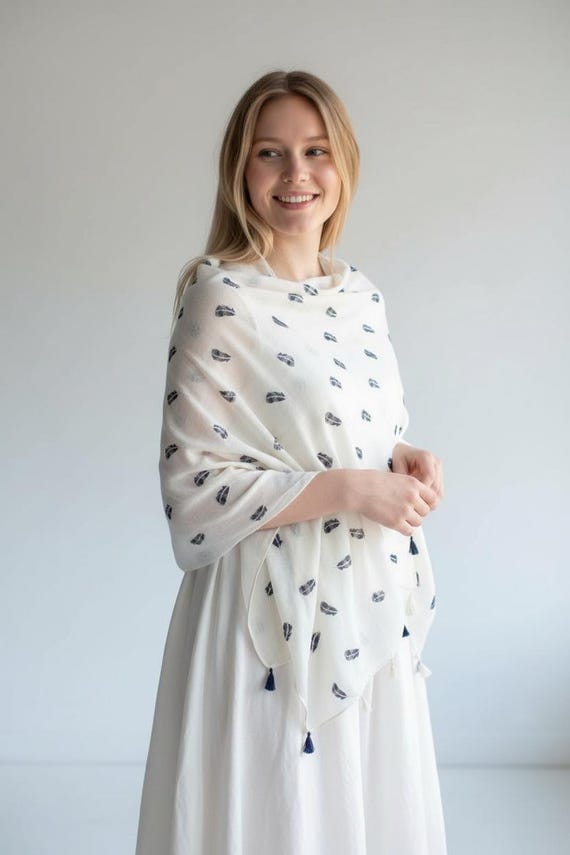 Feather Printed Cotton Scarf, Cream Shawl, Lightweight Cover-Up
