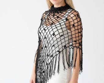 Black Sequin Crochet Shawl, Handmade Lace Wrap, Lightweight Boho Festival Evening Accessory
