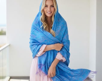 Lagoon Blue Pashmina Wrap Scarf -  Paisley Shawl, Floral Jacquard Wedding Shawl, Elegant Fringe Wrap, Bridesmaid Shawl Gift for Her