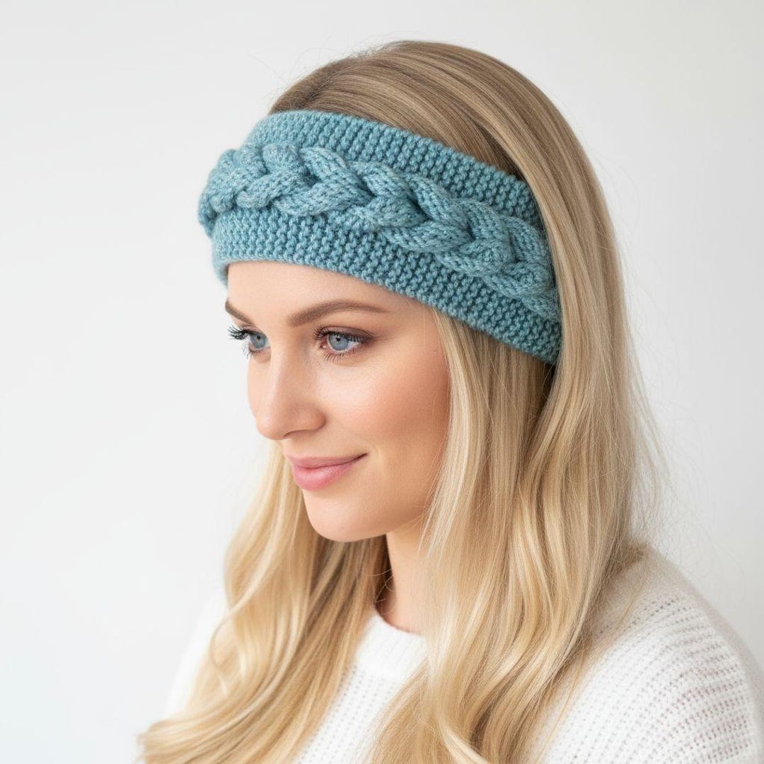 Handmade Knit Headband - Braided Cable, Light Blue Glitter  display picture 3