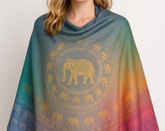 Rainbow Elephant Shawl - Boho Mandala Padhmina Wraps Scarf -Colorful Festival Pashmina -  Bohemian Cover Up For Women - Shawl And Wraps