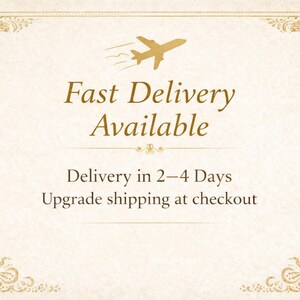 May include: Cream-colored background with gold decorative borders and a gold airplane graphic. The text "Fast Delivery Available" is displayed in a serif font. Below, the text reads "Delivery in 2-4 Days".