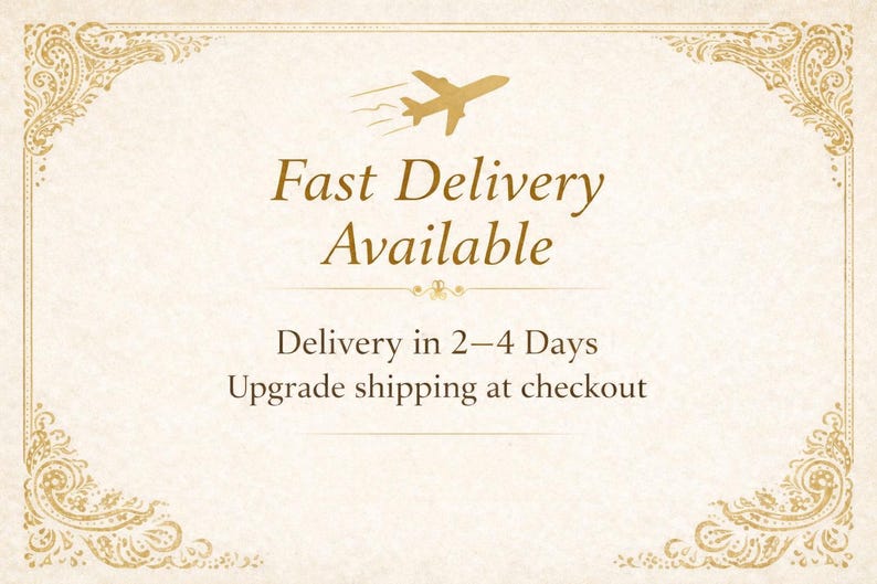 May include: Cream-colored background with gold decorative borders and a gold airplane graphic. The text "Fast Delivery Available" is displayed in a serif font. Below, the text reads "Delivery in 2-4 Days".