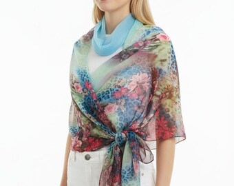 Bufanda chal de leopardo con flores azules, para playa, para verano, azul cielo