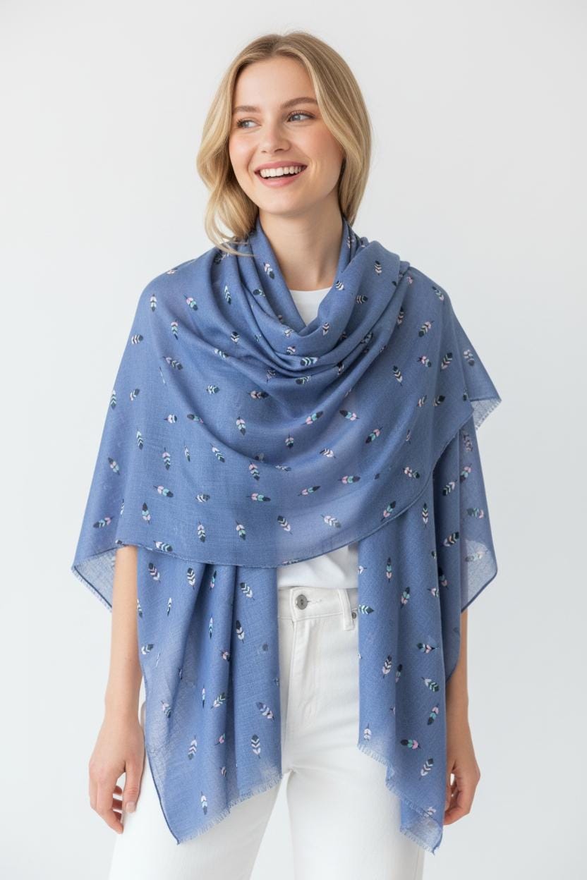 Lightweight Cotton Scarf for Women - Soft Breathable Shawl, Feather Patterned Wrap, Everyday Elegant Scarf
