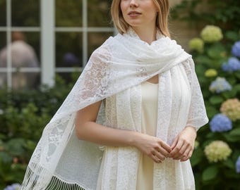 Floral Lace Scarf – White Acrylic Shawl, Bridal Accessory - White Lace Shawl Wraps Scarf