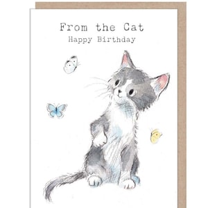 From the Cat Birthday Card -  Charming illustration -'Pawsitively Purrect' range- Grey Cat with butterflies - Made in UK - EPP017